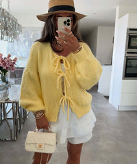 Thumbnail for Round neck lace-up knitted cardigan jacket 2024 Europe and the United States cross-border autumn and winter new solid color commuting simple sweater women