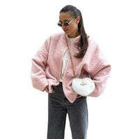 Thumbnail for Cross-border pink jacket, European and American 2024 winter new temperament, casual stand-up collar, dropped shoulder sleeves, short fur coat