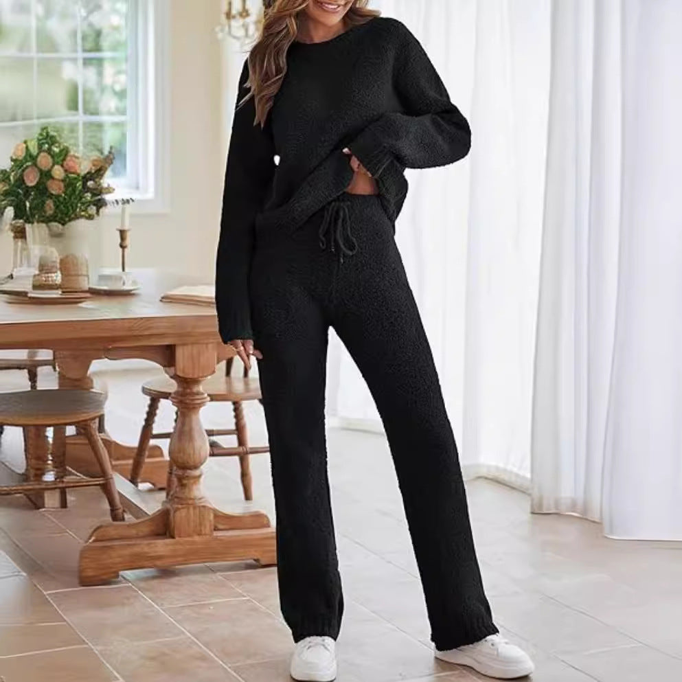 2024 European and American autumn and winter Amazon AliExpress new solid color women's round neck long sleeve pants thick warm suit