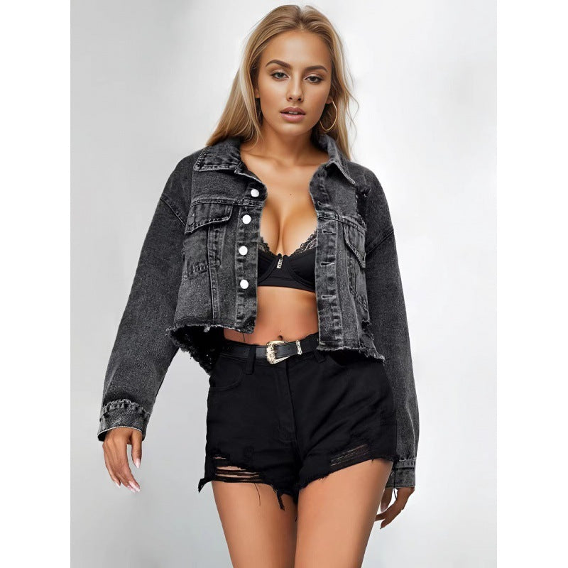 Amazon, Europe and the United States, foreign trade, new women's denim jacket, autumn new fashion, raw edges, ripped denim short jacket