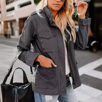 Thumbnail for Cross-border European and American new women's fashion loose zipper multi-pocket lapel jacket long sleeve hooded jacket LYY029