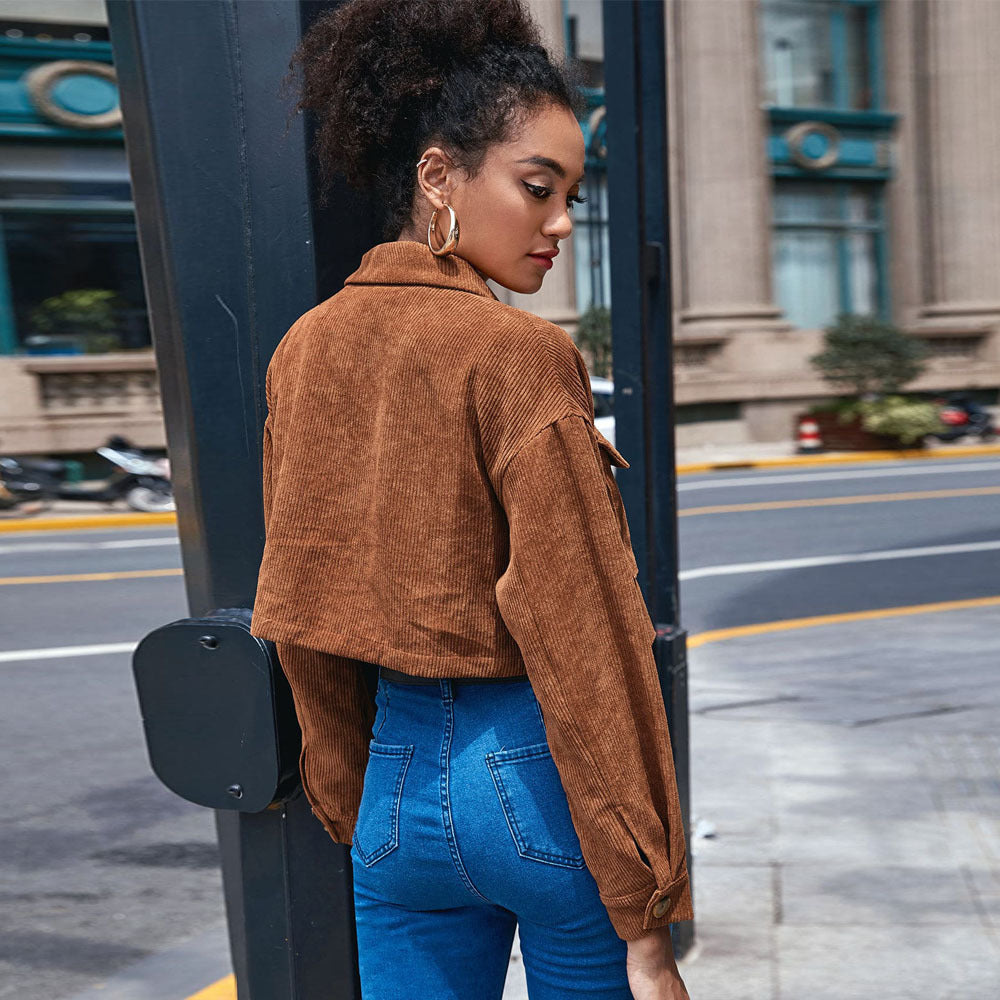 2024 Spring/Summer Cross Border European and American Women's Casual Single-breasted Organ Bag Lapel Corduroy Long Sleeve Jacket