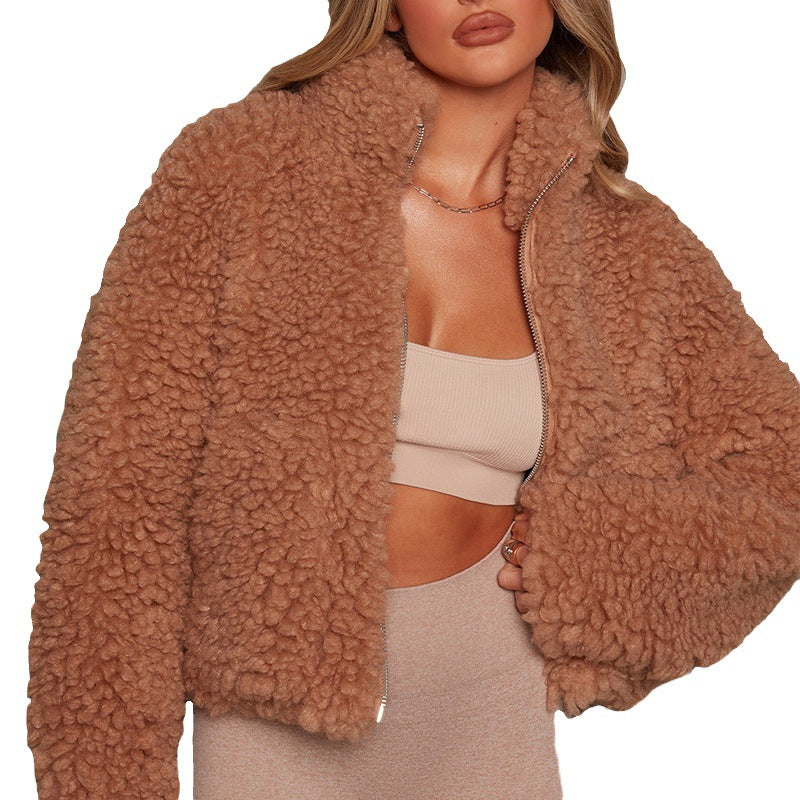 2024 Autumn and Winter European and American Cross-border Women's Amazon New Plush Cardigan Cropped Jacket Lambswool Jacket Women