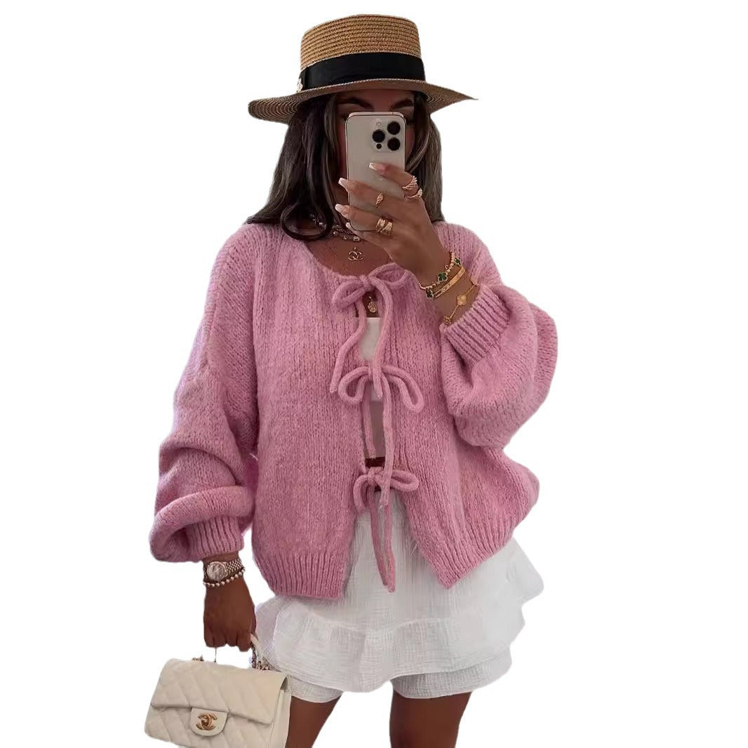 Round neck lace-up knitted cardigan jacket 2024 Europe and the United States cross-border autumn and winter new solid color commuting simple sweater women