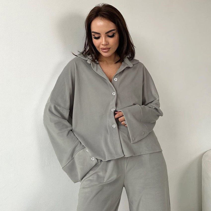 2023 autumn and winter new fashion simple gray velvet long sleeve pants pajamas two-piece set of cross-border loungewear women