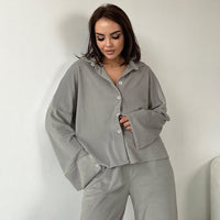 Thumbnail for 2023 autumn and winter new fashion simple gray velvet long sleeve pants pajamas two-piece set of cross-border loungewear women