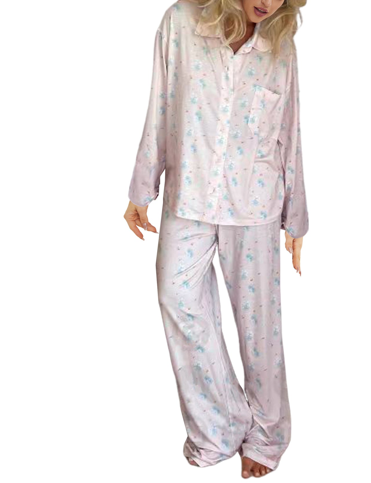 2024 European and American women's new pajama suit, long sleeve button shirt, flower fruit print, wide-leg pants, pajamas