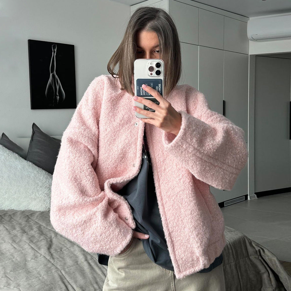 Cross-border pink jacket, European and American 2024 winter new temperament, casual stand-up collar, dropped shoulder sleeves, short fur coat