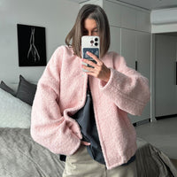 Thumbnail for Cross-border pink jacket, European and American 2024 winter new temperament, casual stand-up collar, dropped shoulder sleeves, short fur coat