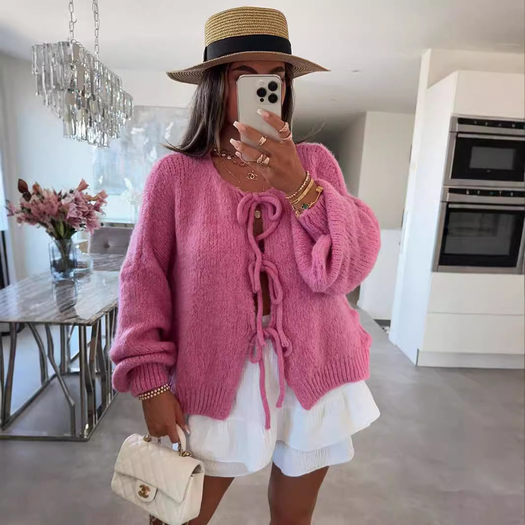 Round neck lace-up knitted cardigan jacket 2024 Europe and the United States cross-border autumn and winter new solid color commuting simple sweater women