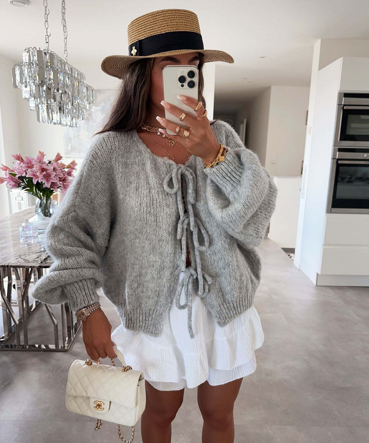 Round neck lace-up knitted cardigan jacket 2024 Europe and the United States cross-border autumn and winter new solid color commuting simple sweater women