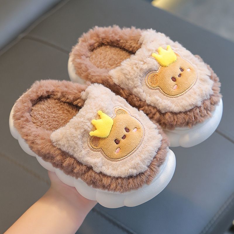 Children's cotton slippers winter heel men's and women's indoor non-slip wool shoes baby cute cartoon home parent-child shoes