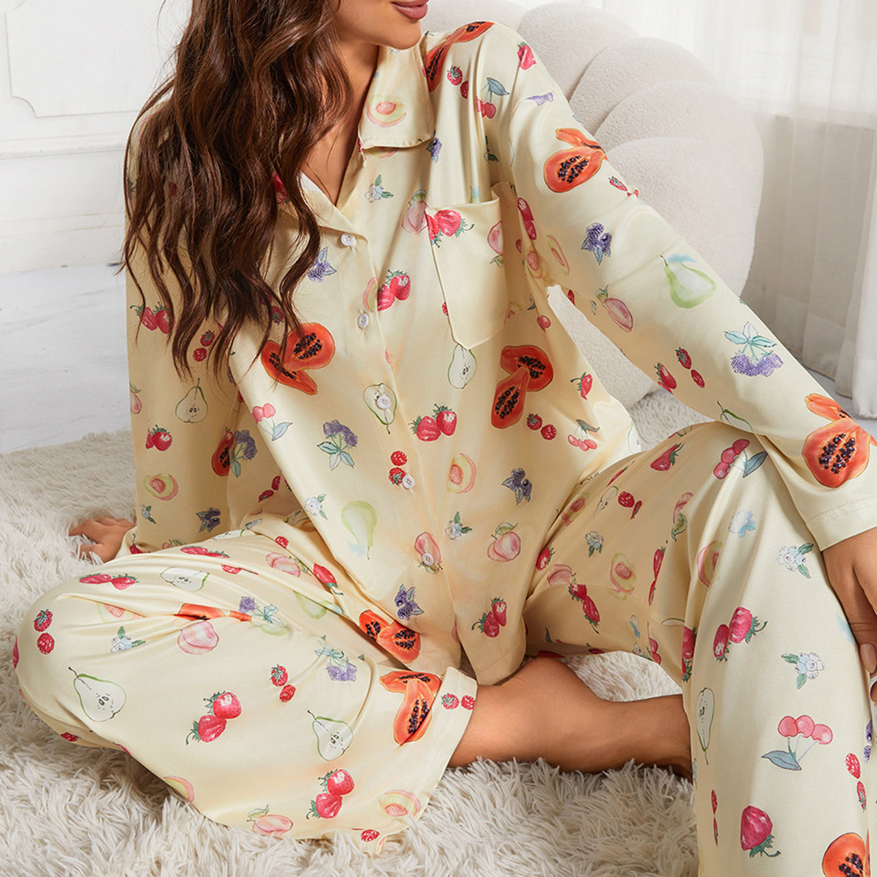 2024 European and American women's new pajama suit, long sleeve button shirt, flower fruit print, wide-leg pants, pajamas