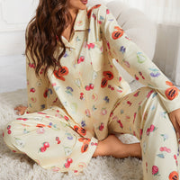 Thumbnail for 2024 European and American women's new pajama suit, long sleeve button shirt, flower fruit print, wide-leg pants, pajamas