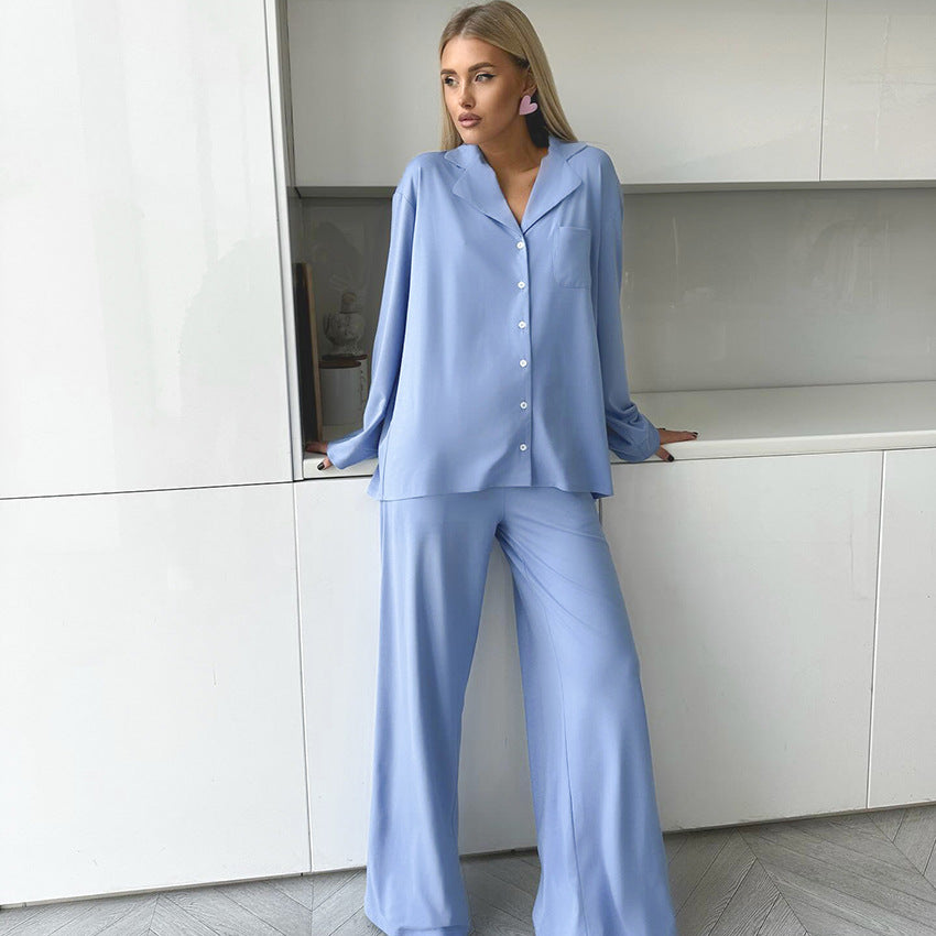 European and American summer new thin chiffon long-sleeved trousers skin-friendly two-piece loose comfortable and breathable women's loungewear