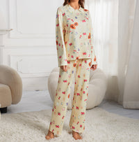 Thumbnail for 2024 European and American women's new pajama suit, long sleeve button shirt, flower fruit print, wide-leg pants, pajamas