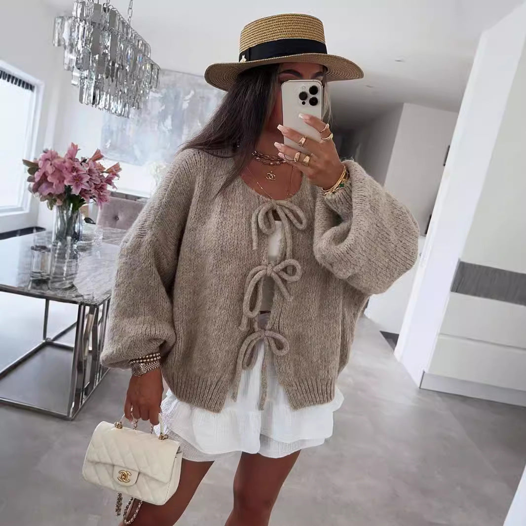 Round neck lace-up knitted cardigan jacket 2024 Europe and the United States cross-border autumn and winter new solid color commuting simple sweater women