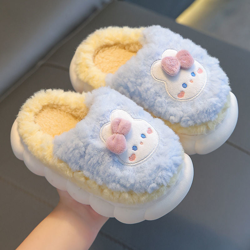 Children's cotton slippers winter heel men's and women's indoor non-slip wool shoes baby cute cartoon home parent-child shoes