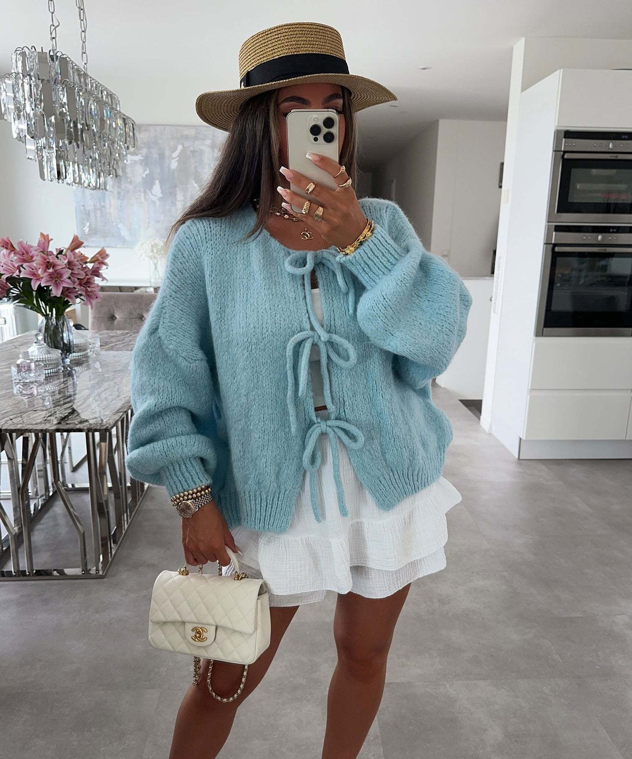 Round neck lace-up knitted cardigan jacket 2024 Europe and the United States cross-border autumn and winter new solid color commuting simple sweater women