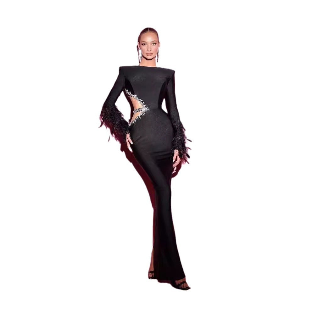 Cross-border women's clothing IN Internet celebrity anchor long-sleeved mid-length slim diamond feather elastic bandage birthday evening dress