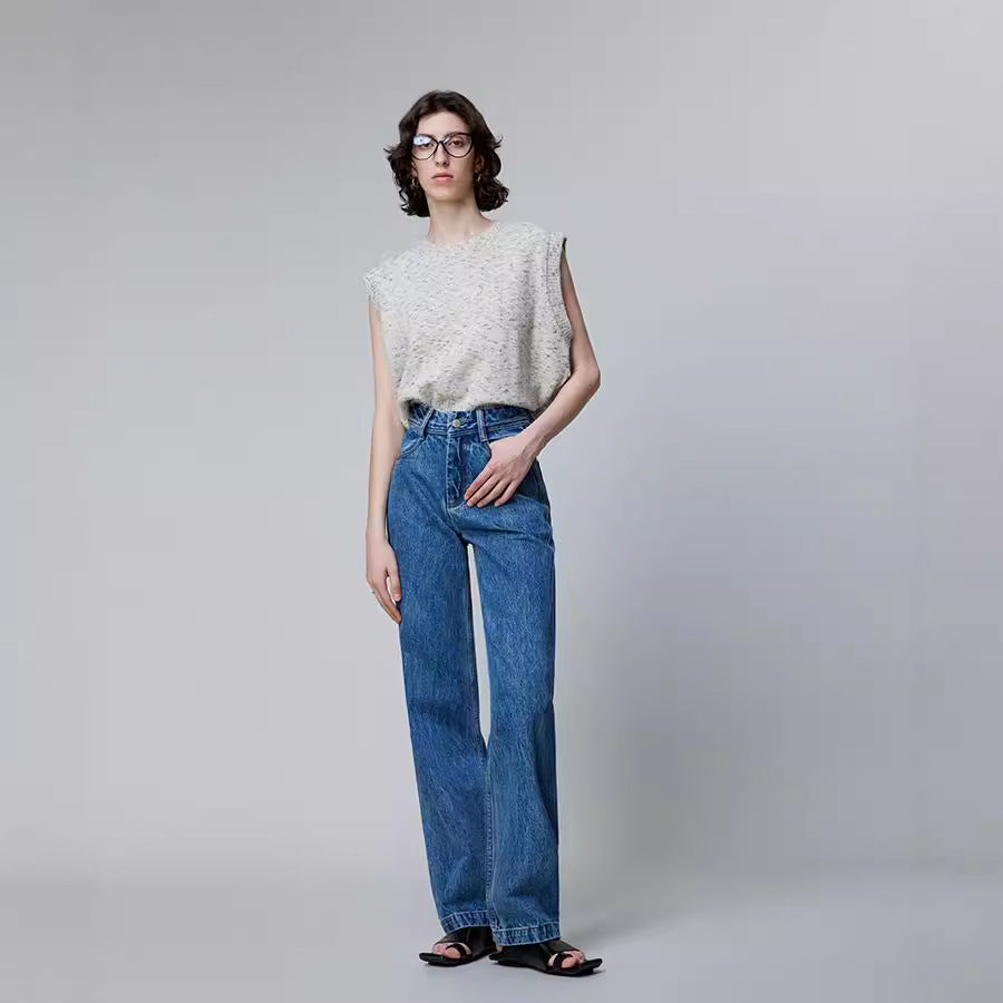 High-end 2024 jeans women's autumn light luxury retro big cow fabric thin three-color high-waisted straight pants tile blue