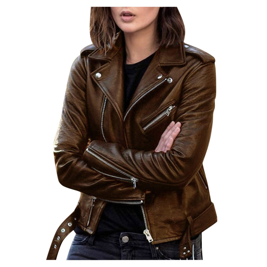 2024 leather jacket spring and autumn new tops cross-border foreign trade short motorcycle girl slim jacket jacket to keep out the cold