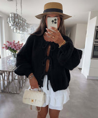 Thumbnail for Round neck lace-up knitted cardigan jacket 2024 Europe and the United States cross-border autumn and winter new solid color commuting simple sweater women