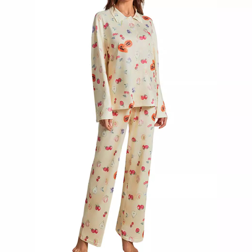 2024 European and American women's new pajama suit, long sleeve button shirt, flower fruit print, wide-leg pants, pajamas