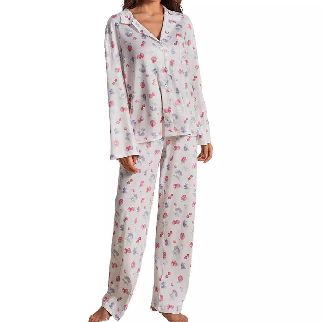 2024 European and American women's new pajama suit, long sleeve button shirt, flower fruit print, wide-leg pants, pajamas