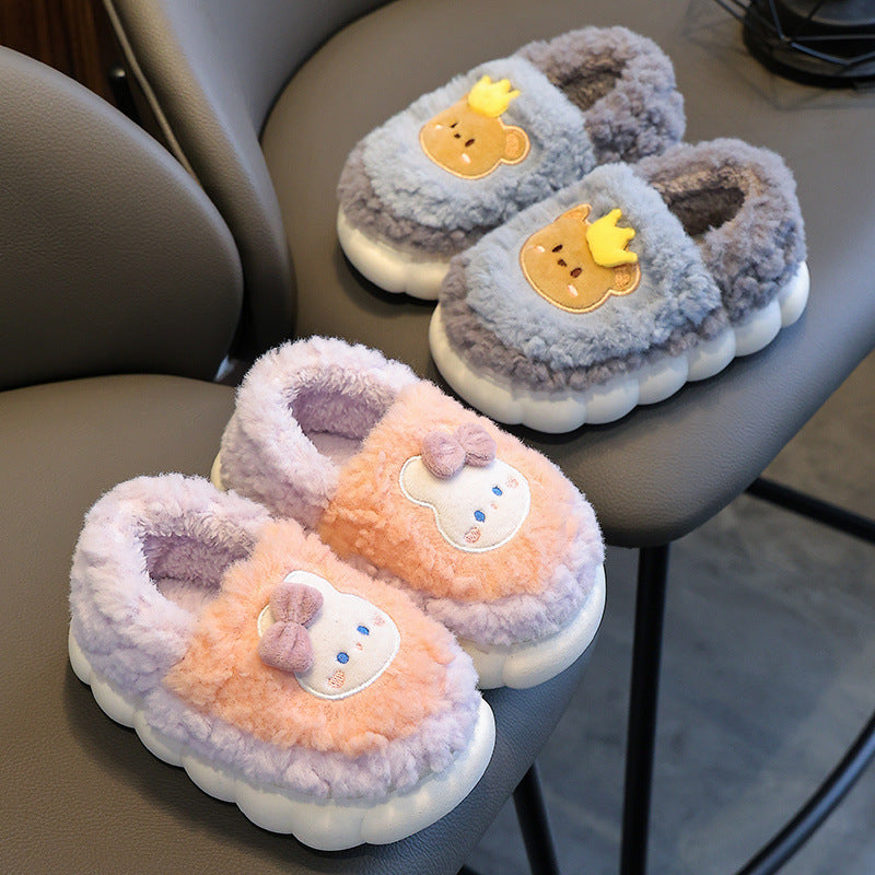 Children's cotton slippers winter heel men's and women's indoor non-slip wool shoes baby cute cartoon home parent-child shoes