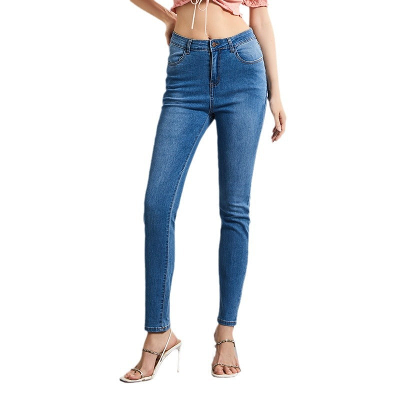 2024 cross-border women's jeans slim high waist high stretch European and American small foot pants plus size women's pants basic