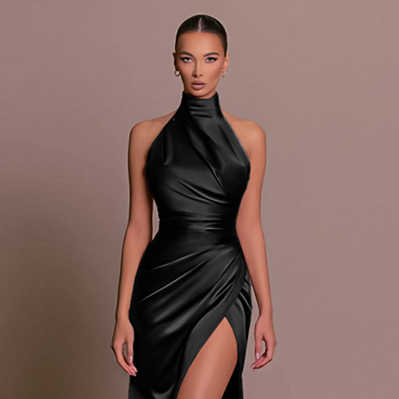 YJ23556 summer new temperament stand-up collar dress long skirt European and American halterneck sexy slim slit dress women