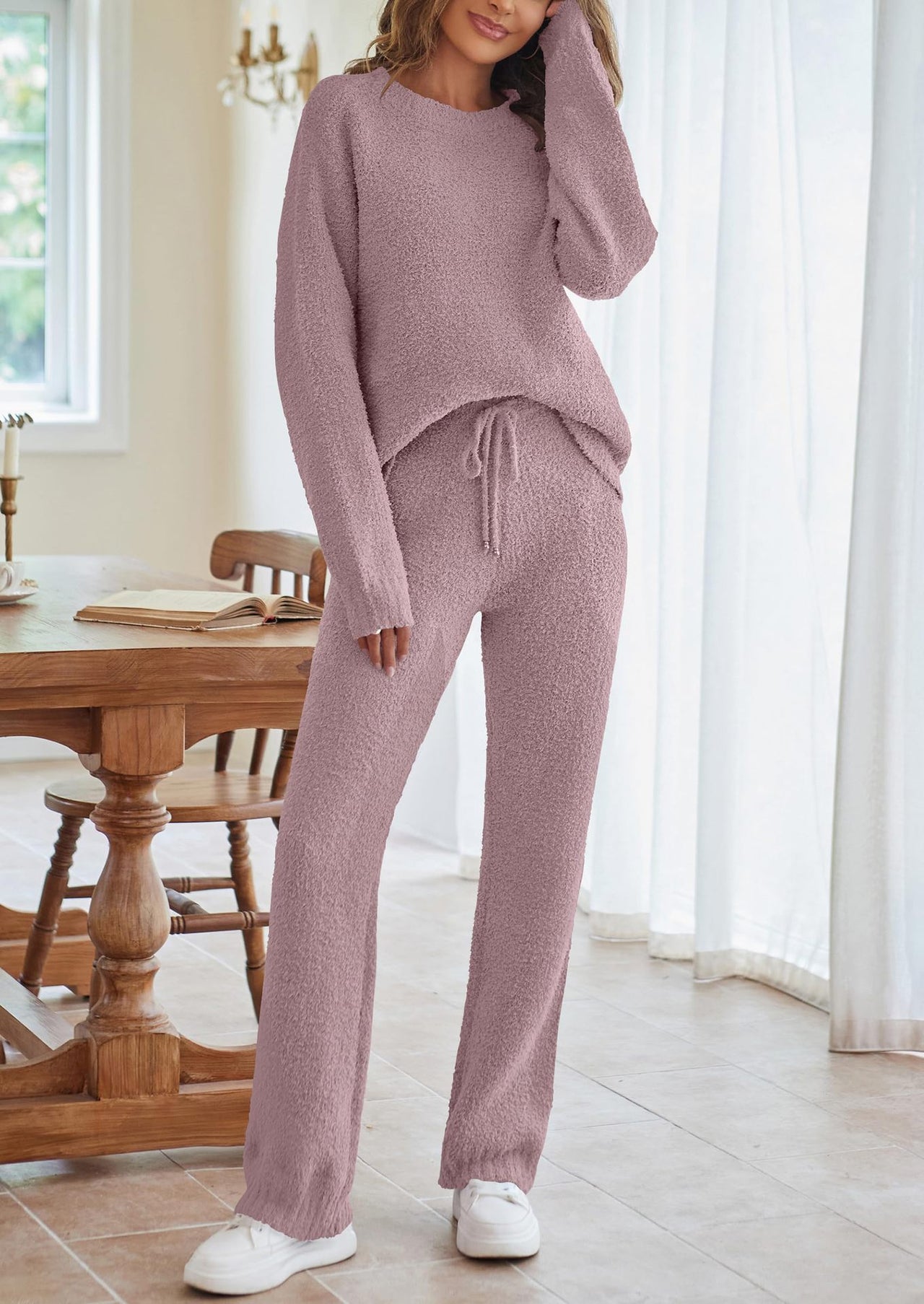 2024 European and American autumn and winter Amazon AliExpress new solid color women's round neck long sleeve pants thick warm suit