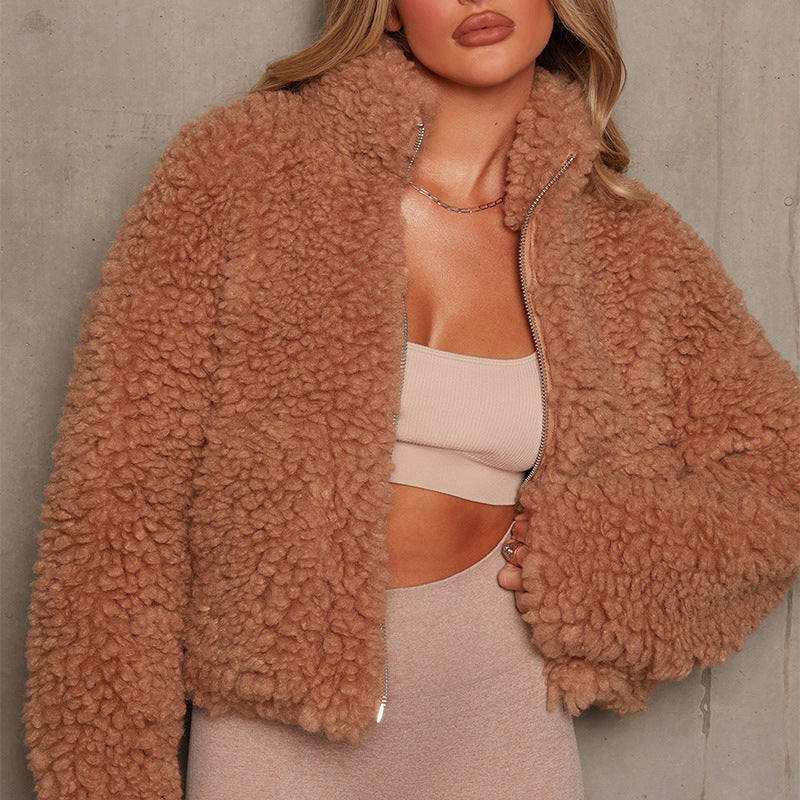 2024 Autumn and Winter European and American Cross-border Women's Amazon New Plush Cardigan Cropped Jacket Lambswool Jacket Women