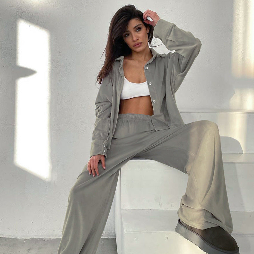 2023 autumn and winter new fashion simple gray velvet long sleeve pants pajamas two-piece set of cross-border loungewear women