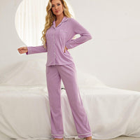 Thumbnail for Amazon cross-border European and American pajamas ladies autumn and winter solid color long-sleeved cardigans and trousers can be worn outside the home clothes independent station