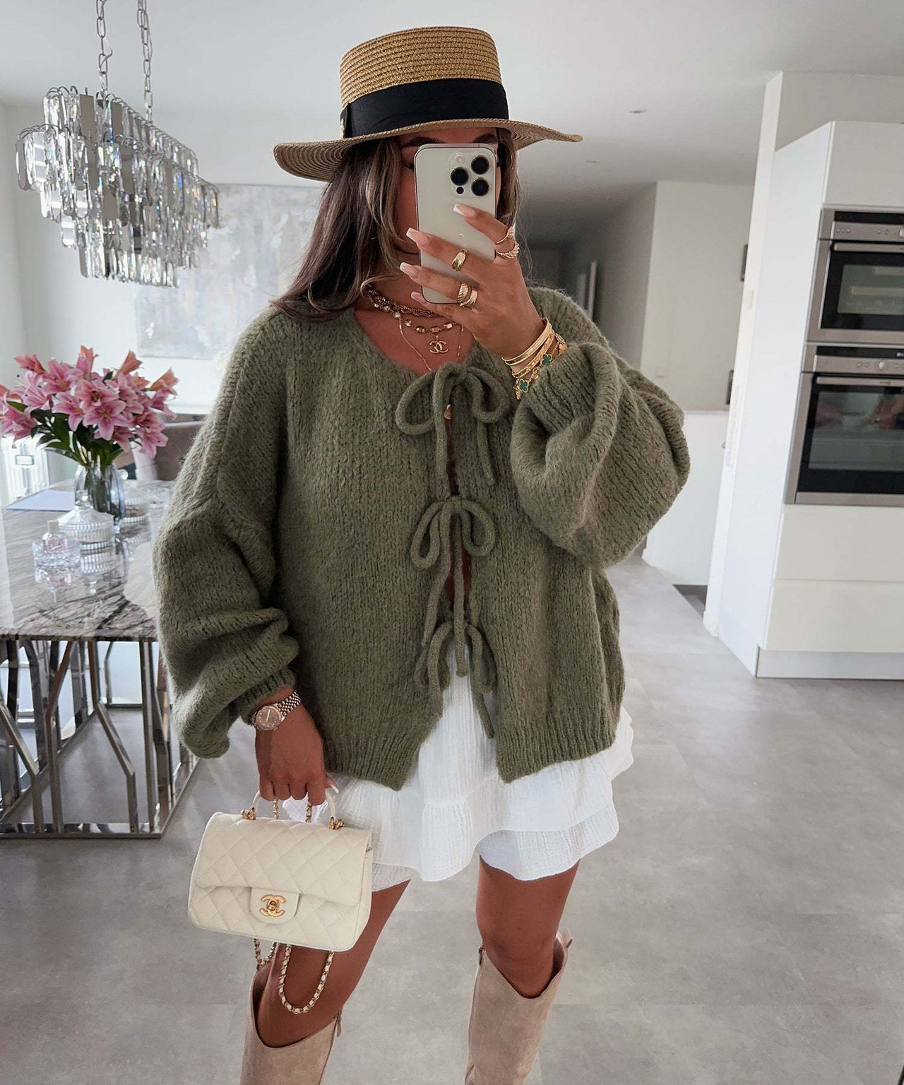 Round neck lace-up knitted cardigan jacket 2024 Europe and the United States cross-border autumn and winter new solid color commuting simple sweater women