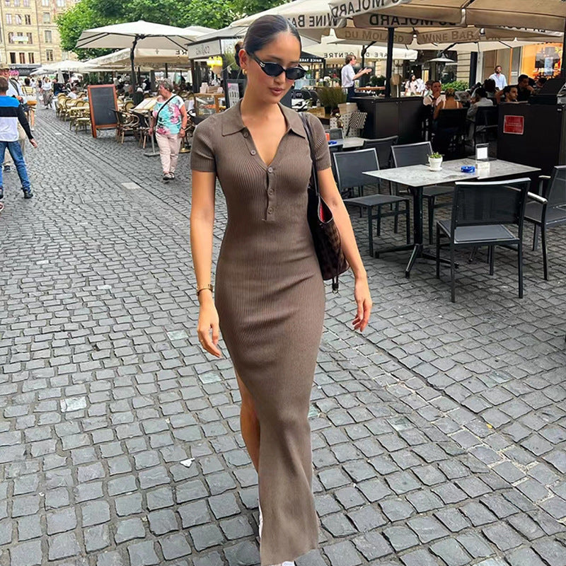 2024 summer new European and American fashion women's elegant temperament trendy sexy lapel short-sleeved slit dress