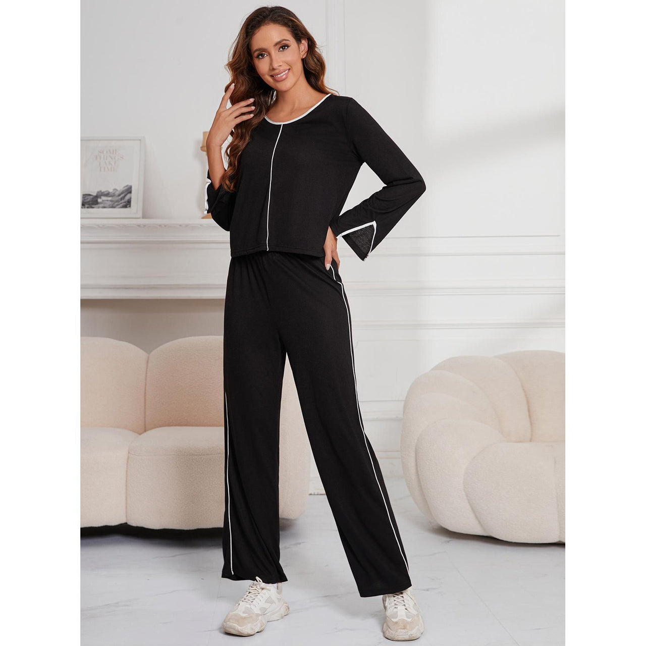 Cross-border European and American women's long-sleeved simple casual two-piece set women's Женская одежда