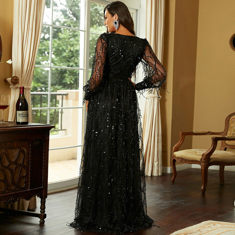 Cross-border foreign trade European and American adult slit black V-neck long-sleeved mesh stitching princess temperament high-end evening dress women