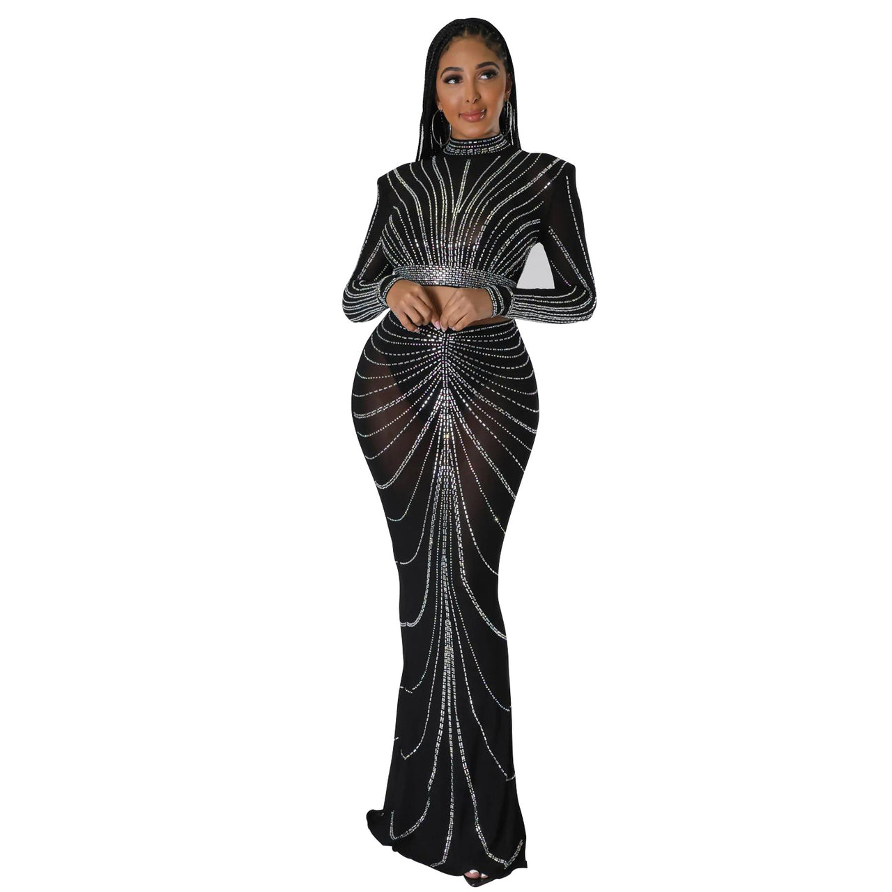 OS6820 cross-border autumn and winter new products Amazon European and American women's sexy long-sleeved mesh hot diamond two-piece skirt set