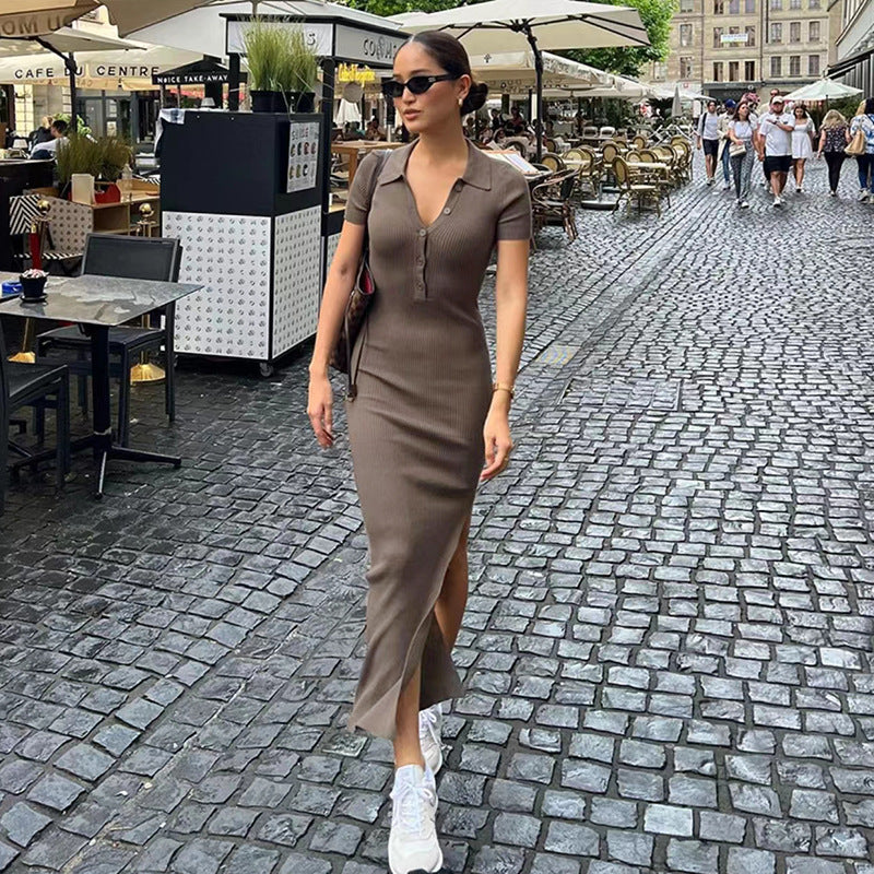 2024 summer new European and American fashion women's elegant temperament trendy sexy lapel short-sleeved slit dress