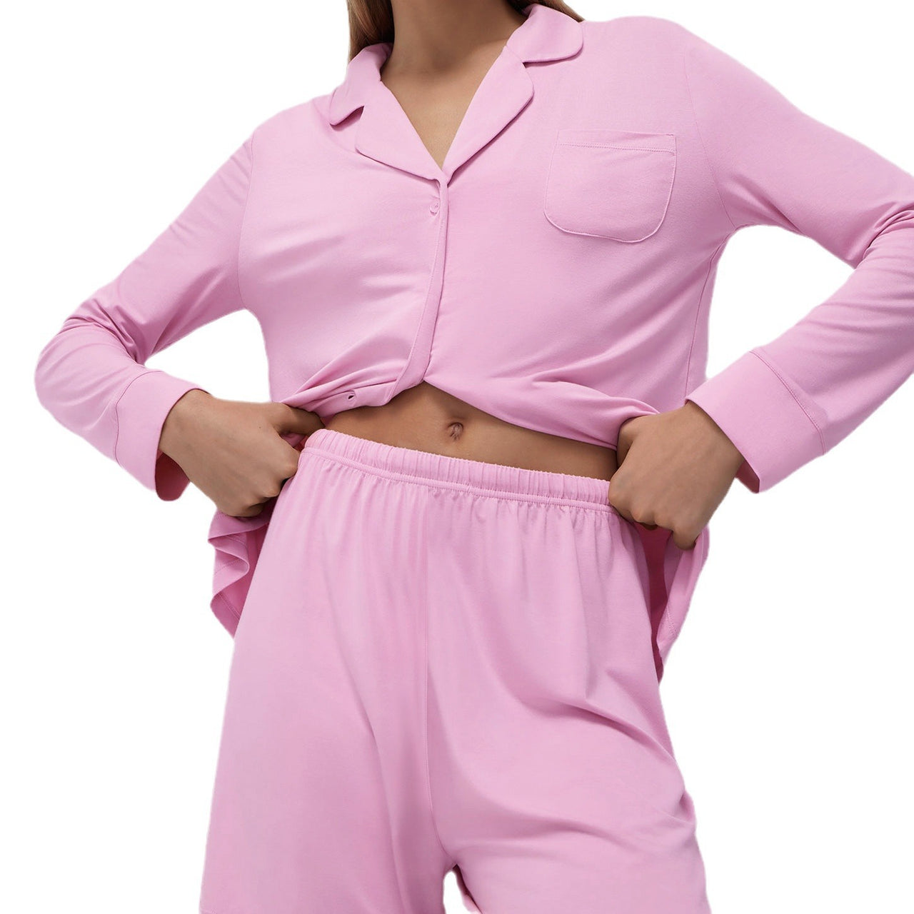 Europe and the United States Cross Border 2024 Spring Pink Knitted Thin Cotton Pajamas Long Sleeved Straight Shorts Two Piece Loungewear Women