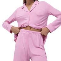 Thumbnail for Europe and the United States Cross Border 2024 Spring Pink Knitted Thin Cotton Pajamas Long Sleeved Straight Shorts Two Piece Loungewear Women