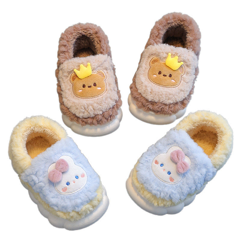 Children's cotton slippers winter heel men's and women's indoor non-slip wool shoes baby cute cartoon home parent-child shoes