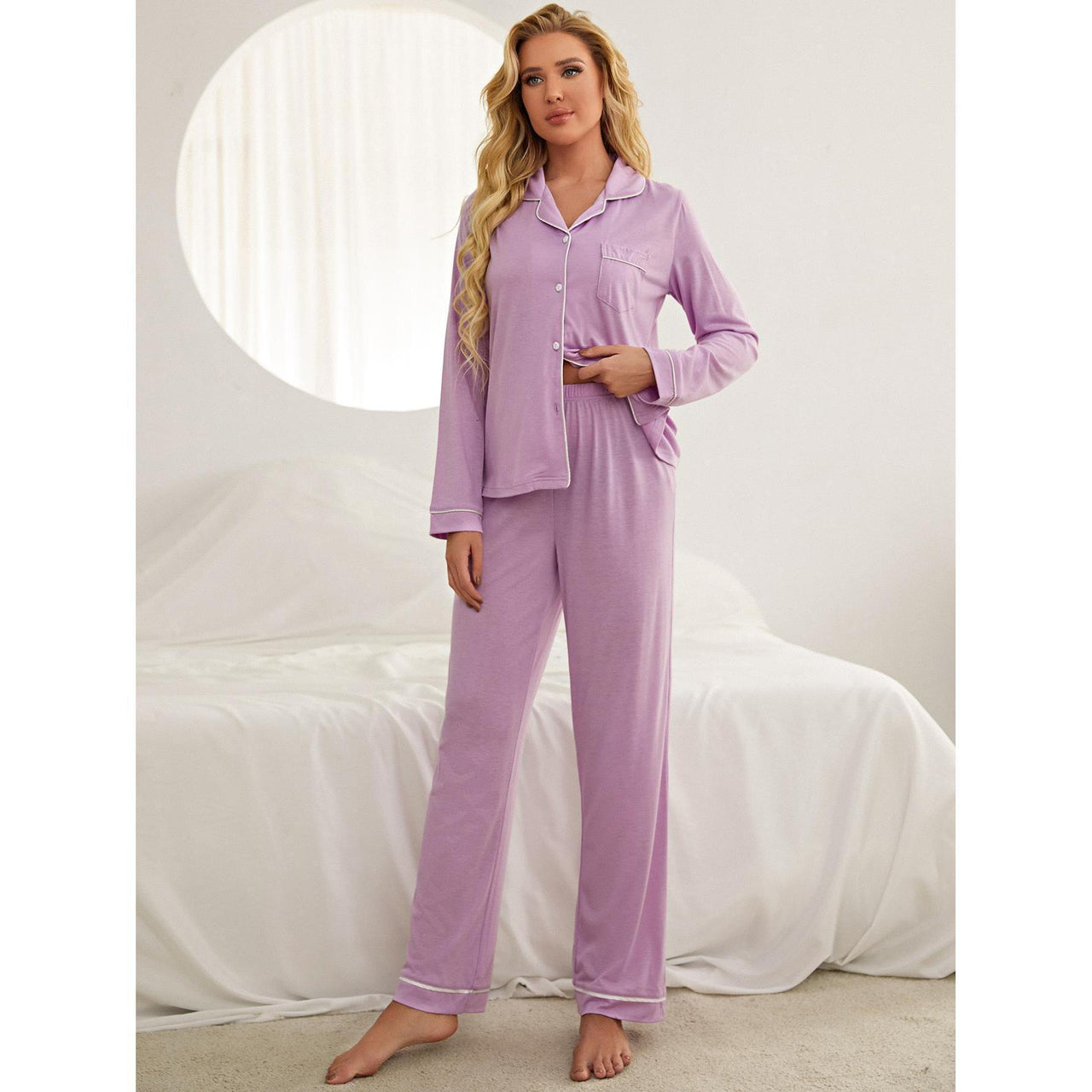 Amazon cross-border European and American pajamas ladies autumn and winter solid color long-sleeved cardigans and trousers can be worn outside the home clothes independent station