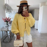 Thumbnail for Round neck lace-up knitted cardigan jacket 2024 Europe and the United States cross-border autumn and winter new solid color commuting simple sweater women