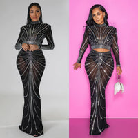 Thumbnail for OS6820 cross-border autumn and winter new products Amazon European and American women's sexy long-sleeved mesh hot diamond two-piece skirt set