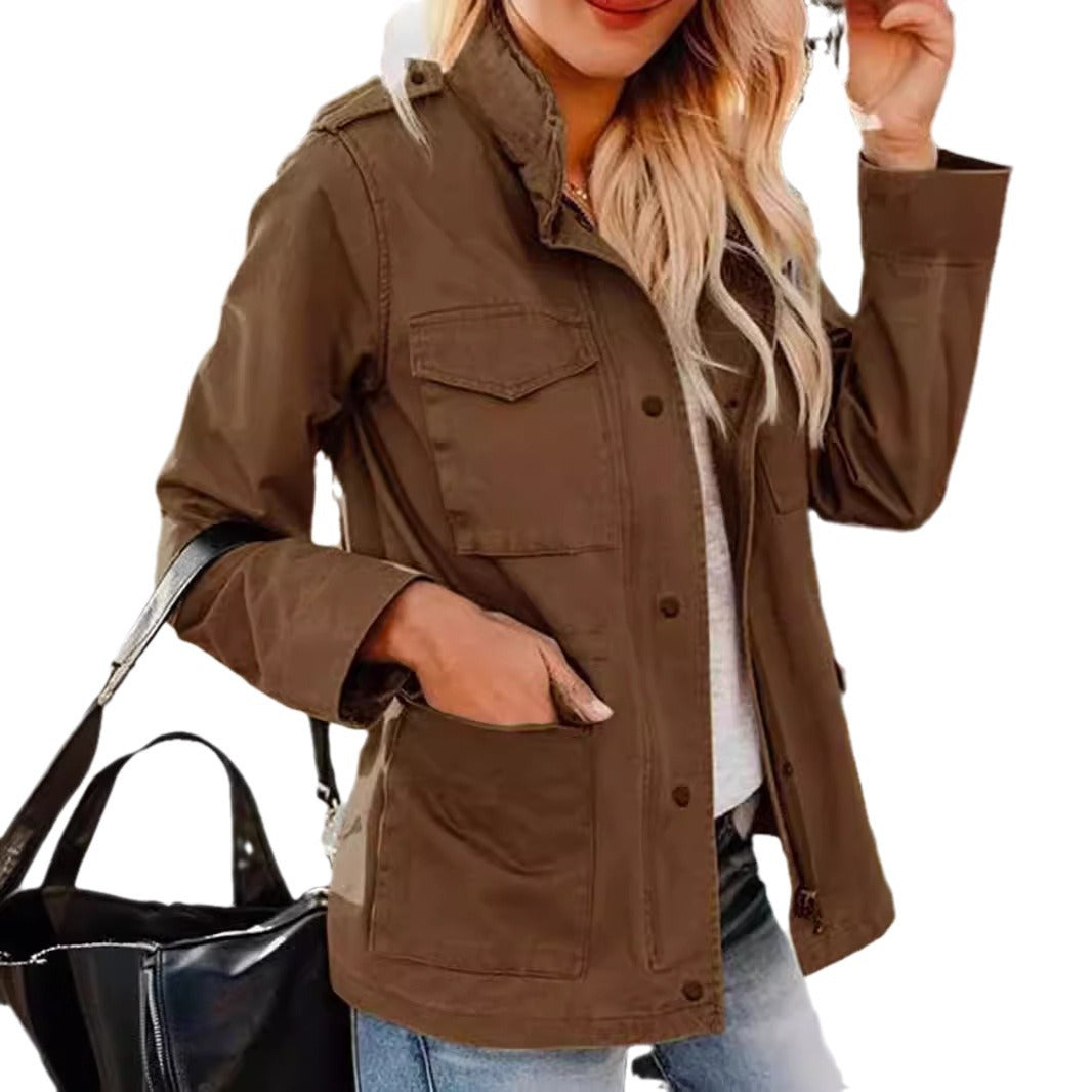 Cross-border European and American new women's fashion loose zipper multi-pocket lapel jacket long sleeve hooded jacket LYY029