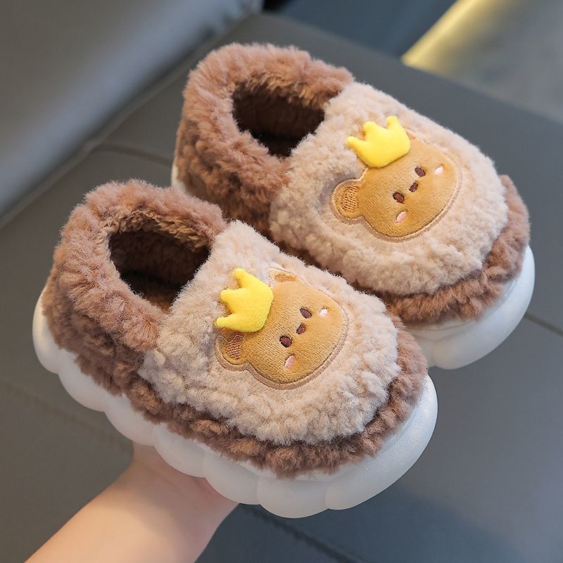 Children's cotton slippers winter heel men's and women's indoor non-slip wool shoes baby cute cartoon home parent-child shoes